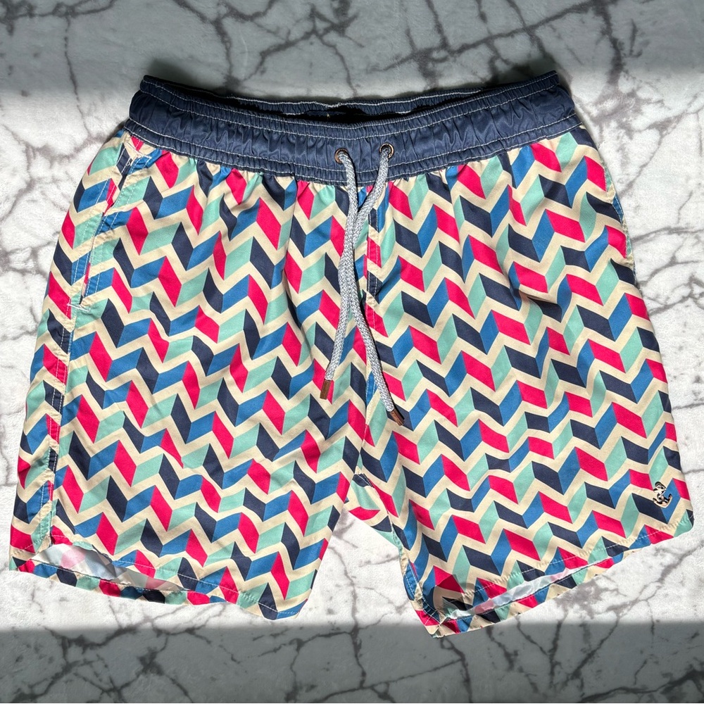 RETROMARINE Swim Trunks Men's XL Blue Green Colorful Geometric Pattern Brief